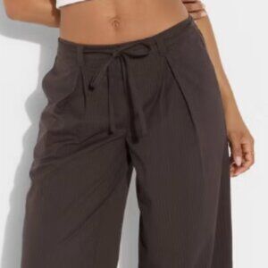 Mid Rise Waist Tie Slouchy Wide Leg Trousers (pin stripe brown)